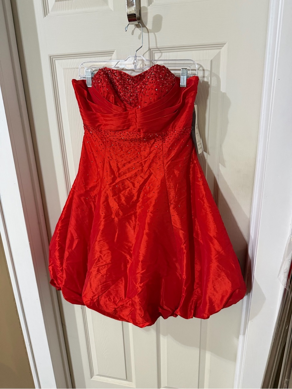 NWT Magic Formals Beaded Red Satin Strapless Cocktail Dress with Beaded Bodice M